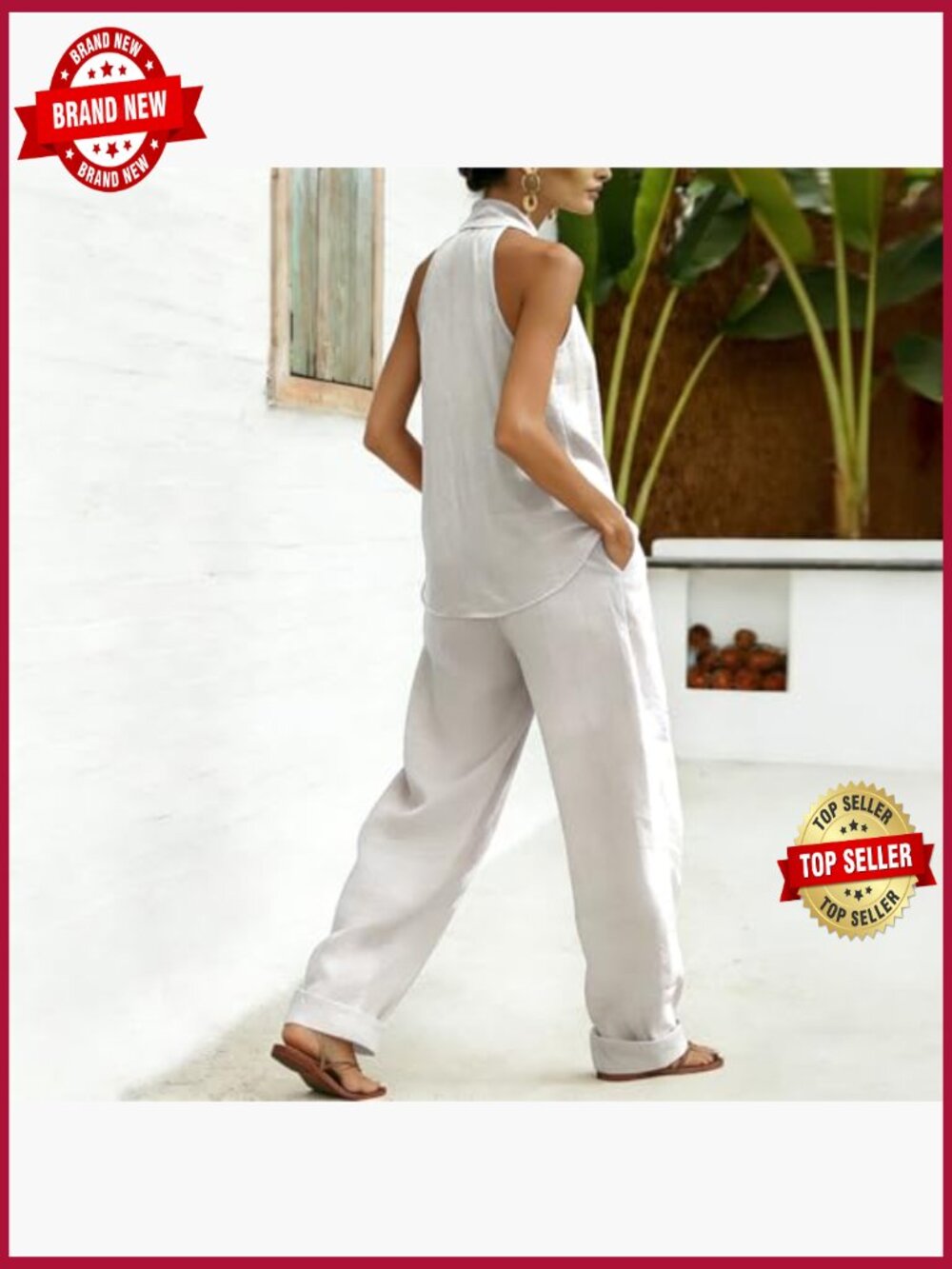 Linen 2 Piece Sleeveless V Neck Halter Top Wide Leg Pants Summer Lounge Set - Picture 3 of 6